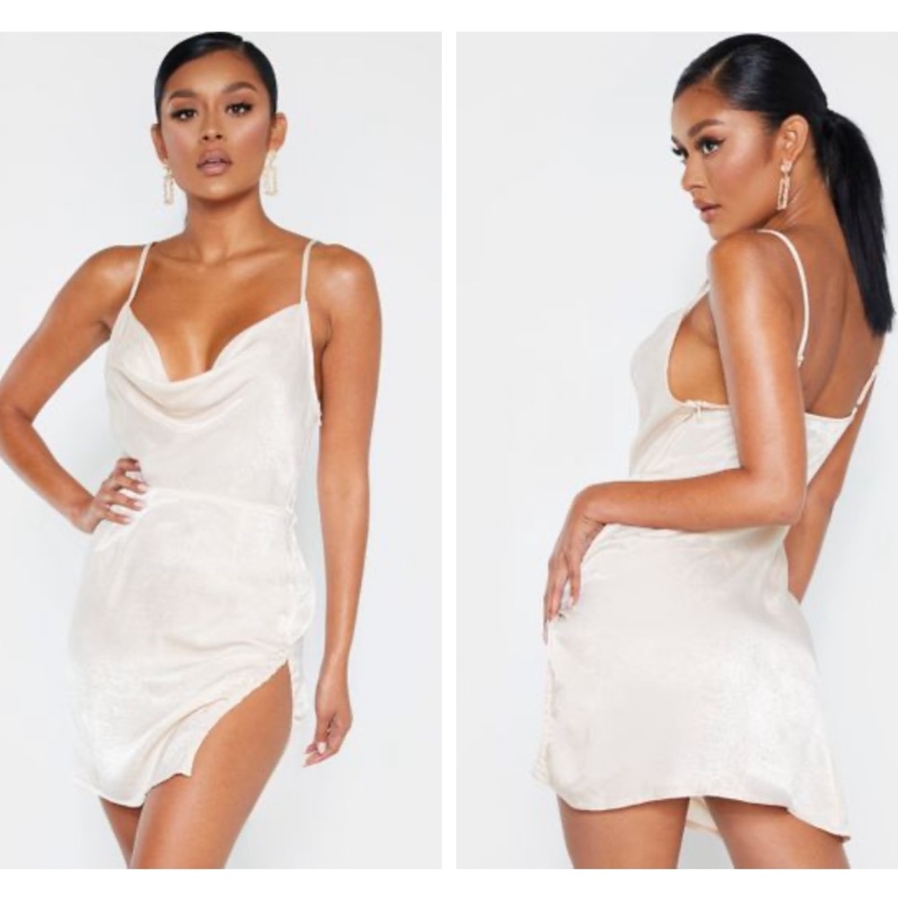 PRETTYLITTLETHING Champagne Satin Cowl Split Dress